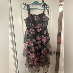LuLu Floral Shear/Shimmer Peplum Midi Black Tie Dress. New with Tags